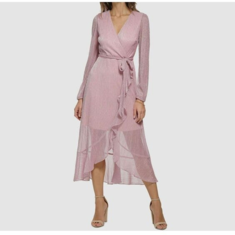 Kensie metallic crinkle belted midi-dress in a pink color Going Out Party Size 4
